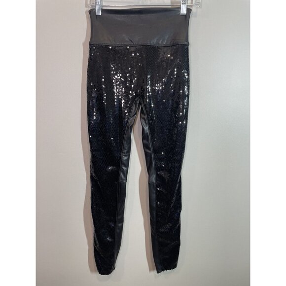 Spanx Faux Leather Leggings with Sequins Size Small Stretchy Pull On Black - Picture 2 of 10